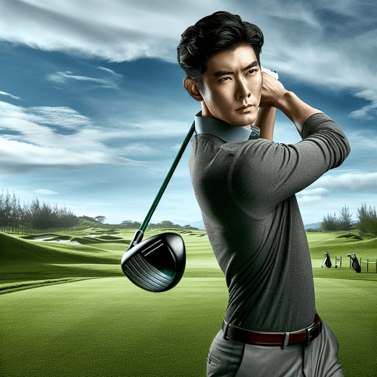 A focused Asian male golfer swinging a golf club with a vibrant black shaft on a lush green golf course, surrounded by clear blue skies and manicured