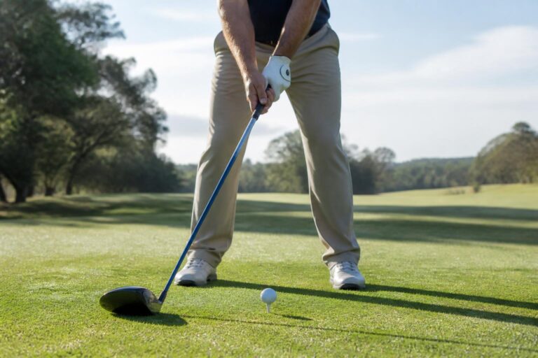 close-up of a golfer at address with a modern driver behind a teed-up white golf ball on a lush green tee box in