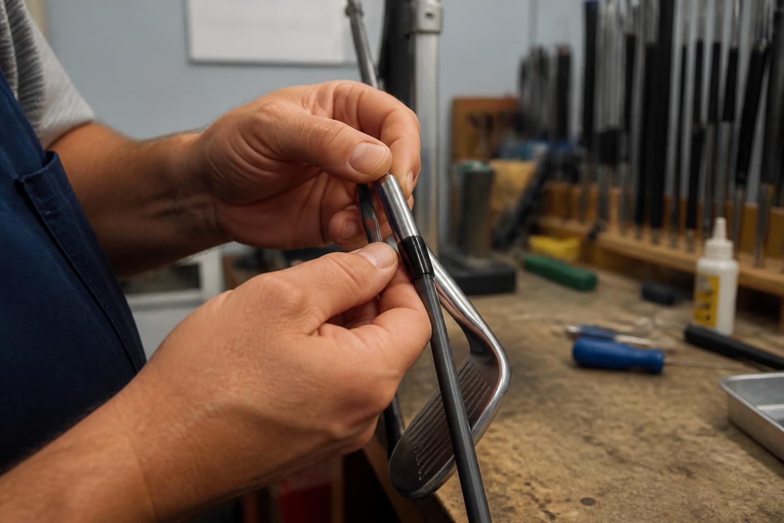 image of a golf club fitter's hands inspecting the hosel and ferrule area of a graphite iron shaft under bright